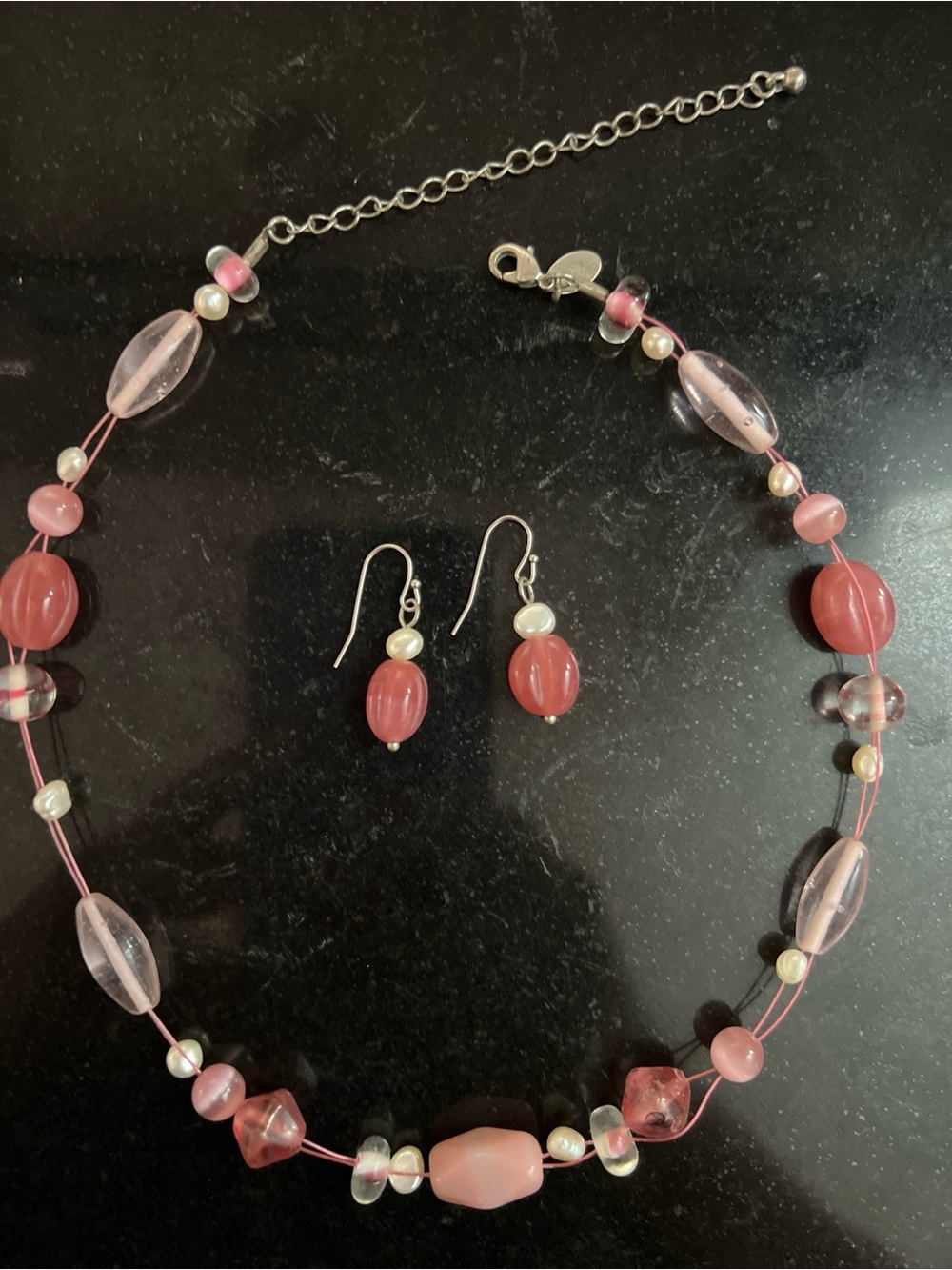 Lia Sofia Pink Beaded Illusion Necklace Matching Dangle Earrings Set Y2K